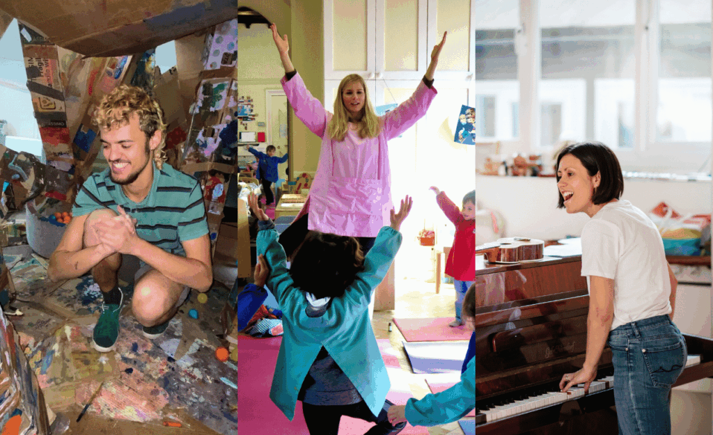 Three separate images of artists leading early years workshops, featuring messy play, yoga, and live music with children and toddlers.